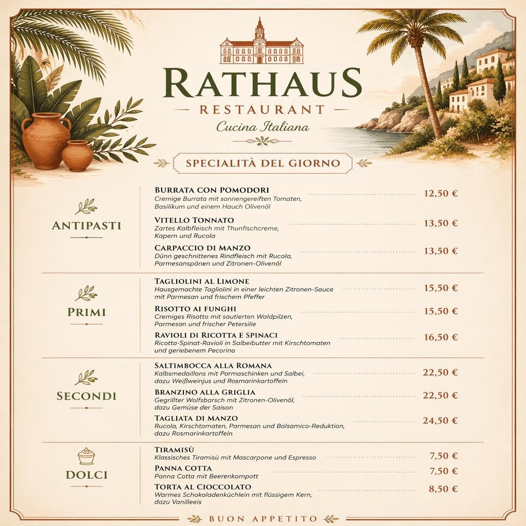 A4-Menükarte für rathaus restaurant im italienischen Stil, warme Erdtöne, dekorativer Kopfbereich, Rubriken und Preise