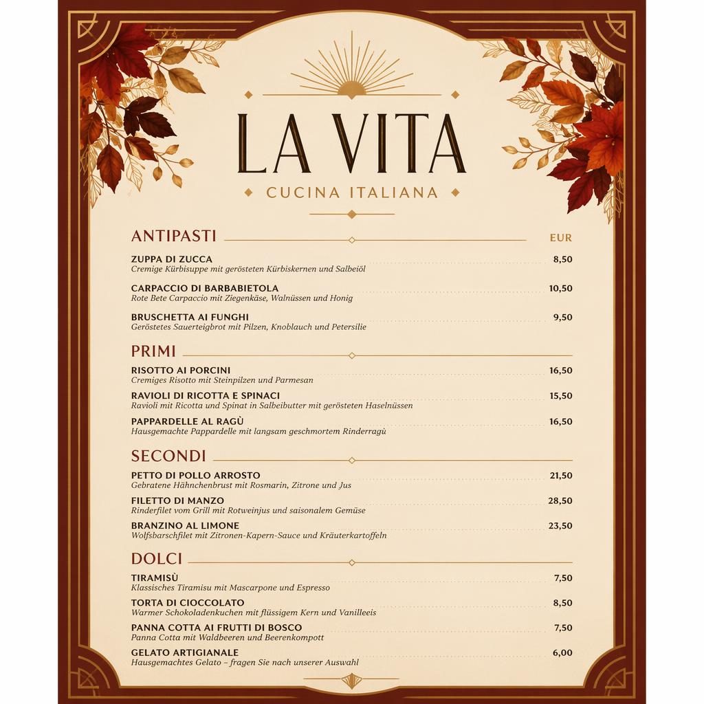 A4-Dessertkarte für restaurant la vita im Art-Déco-Stil mit herbstlicher Farbpalette, Zierkopf, Platzhaltertext und Preisspalte.