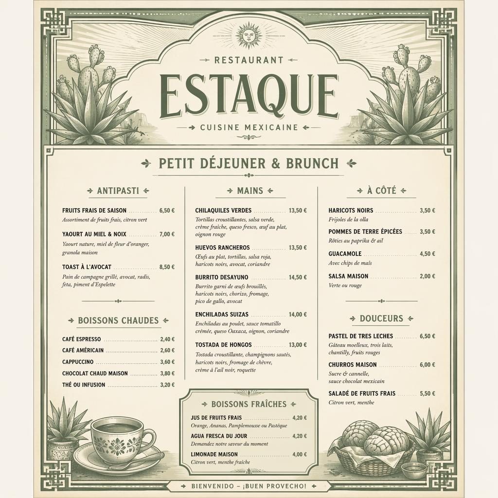 Carte de menu A4 portrait vintage 1920s, palette sauge et ivoire, header décoratif et colonnes de prix brunch mexicain.