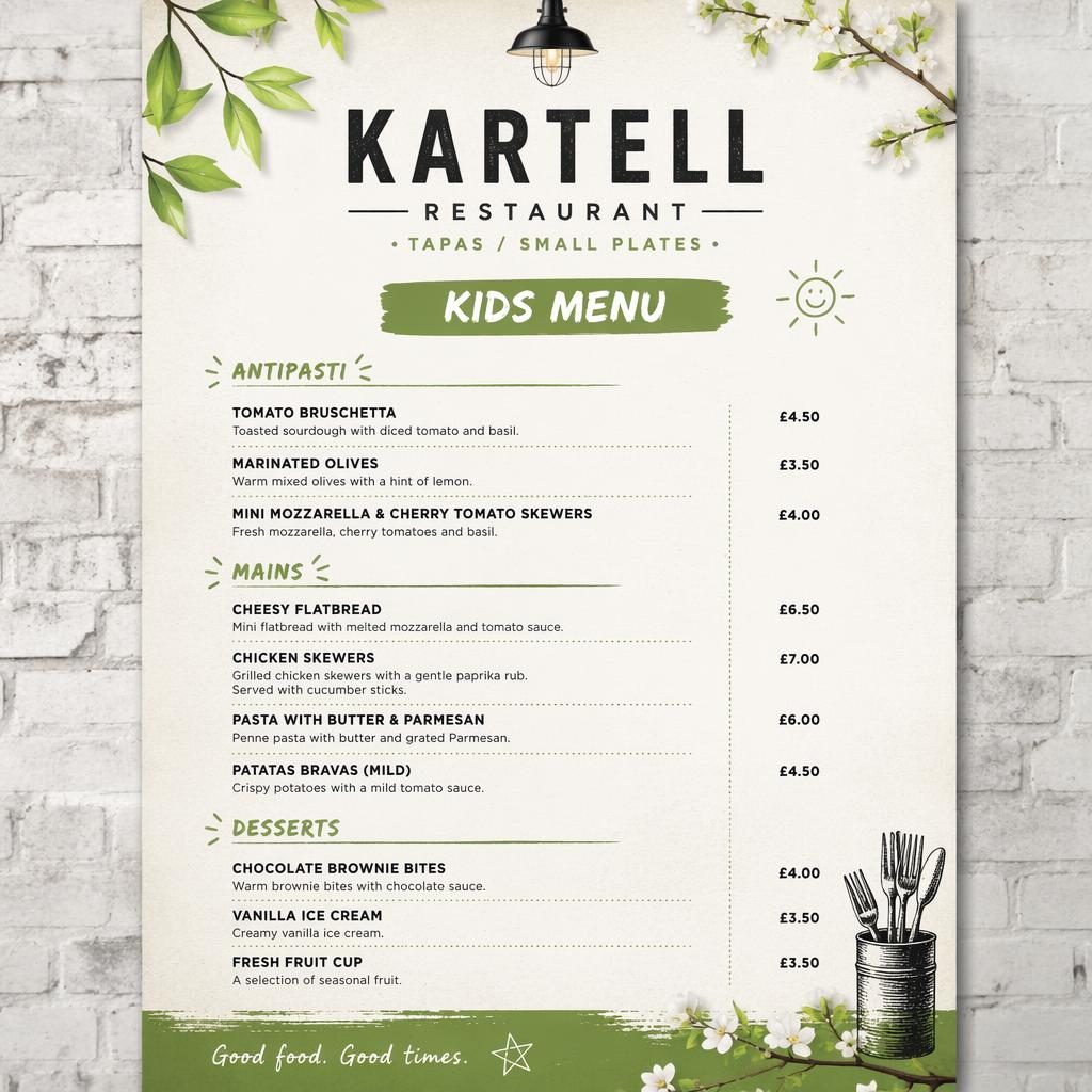 A4 portrait kids menu card for kartell restaurant with decorative header, placeholder dish text, prices, and spring palette.