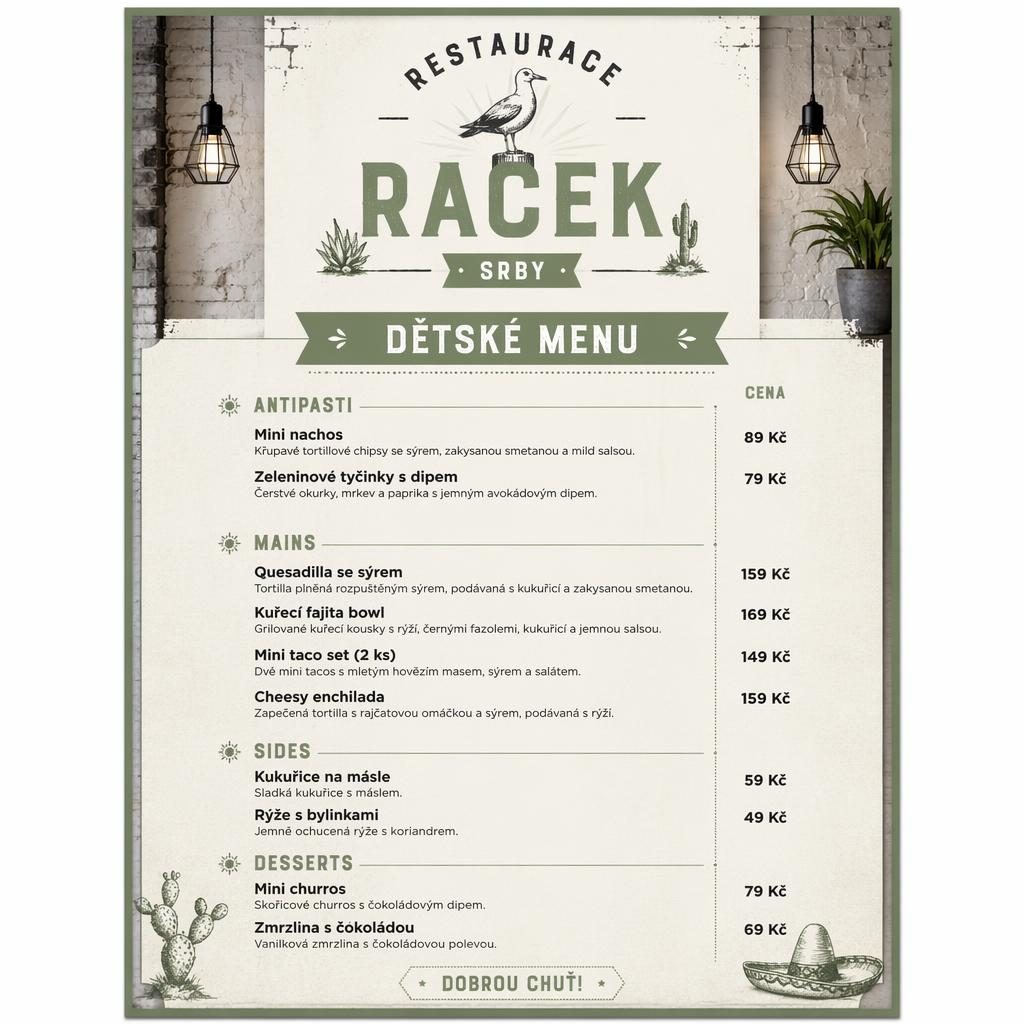 A4 jídelní lístek pro děti pro restaurace racek srby, mexický styl, šalvějová a ivory paleta, ceny a sekce.