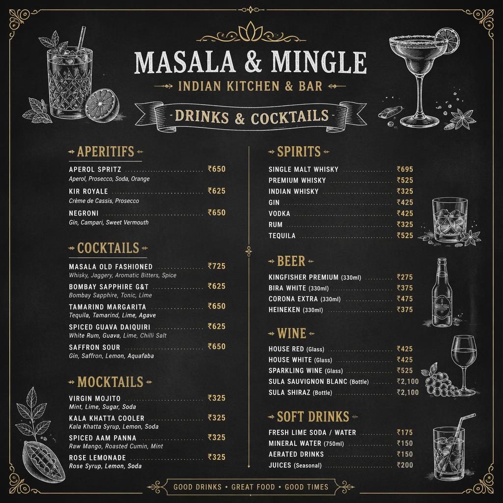 A4-Cocktailkarte im Chalkboard-Café-Stil, dunkle Farbpalette, dekorative Kopfzeile, Platzhaltertexte und Preisspalte.