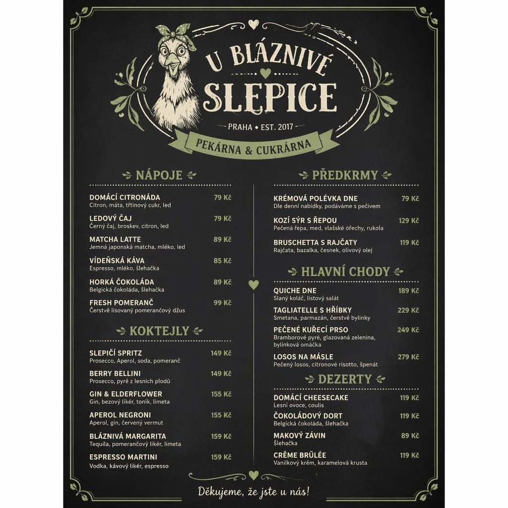 Nápojový a koktejlový lístek A4 pro U Bláznivé Slepice v křídovém kavárenském stylu, v šalvějové a slonovinové.