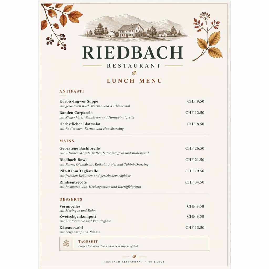 A4-Menükarte im Hochformat für riedbach restaurant, minimalistisches Swiss-Design in herbstlicher Farbpalette.