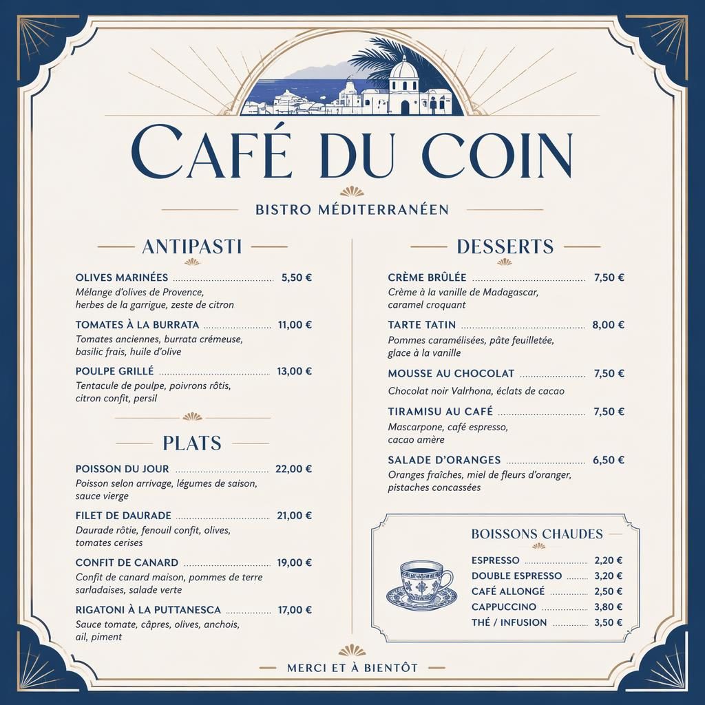 Carte de desserts A4 verticale style art déco, bleu méditerranéen et crème, avec en-tête décoratif et colonne de prix.