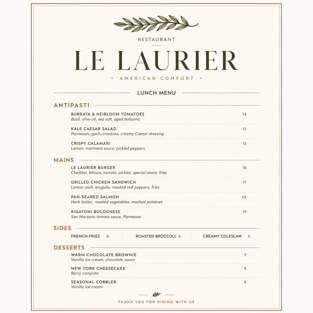 Carte de déjeuner A4 en portrait pour le laurier restaurant, style suisse minimaliste, palette terre chaude et colonne de prix.