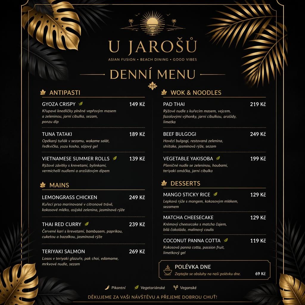 Tisková karta denního menu U Jarošů ve formátu A4, černo-zlatý tropický design, sekce jídel a sloupec s cenami.