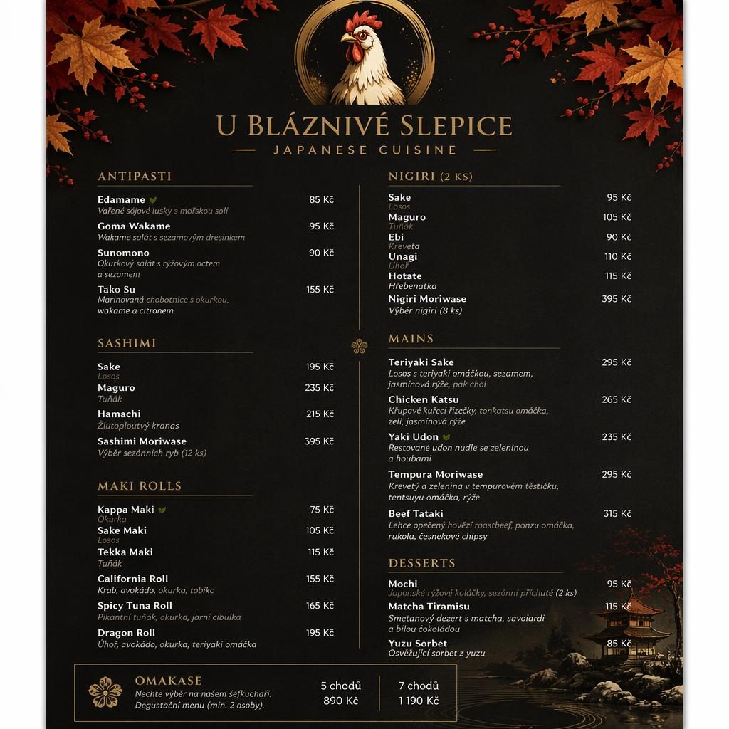 Luxusní sushi menu karta A4 na výšku pro U Bláznivé Slepice s podzimní paletou, dekorativní hlavičkou a cenami.
