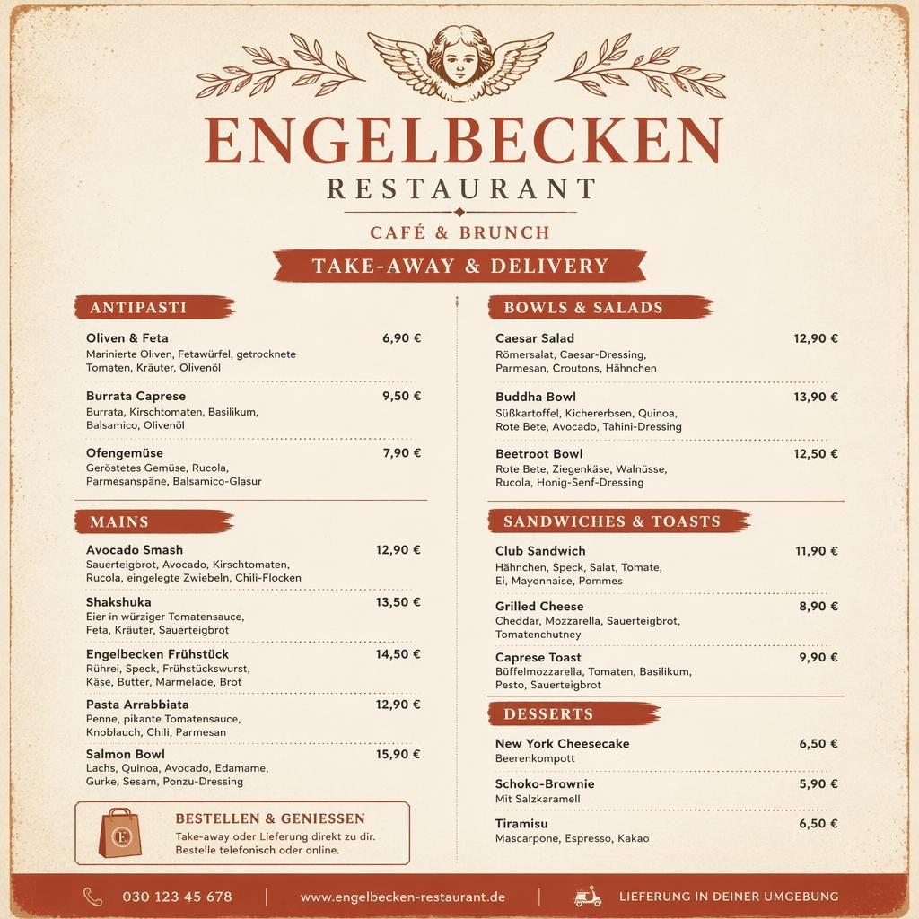 A4-Menükarte für engelbecken restaurant in warmen Creme- und Rosttönen mit dekorativem Header, Rubriken und Preisen