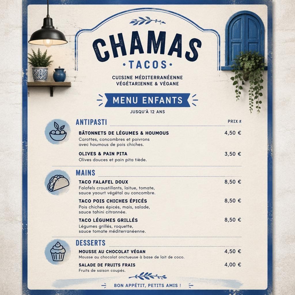 Carte menu enfant A4 pour chamas tacos menu, style loft industriel bleu méditerranéen et crème, avec rubriques et prix.