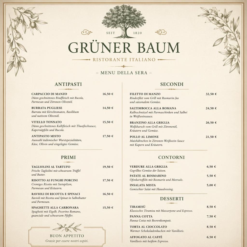 A4-Menükarte für Restaurant Grüner Baum, italienisches Dinner-Menü in warmen Erdtönen mit Preisen und eleganter Typografie