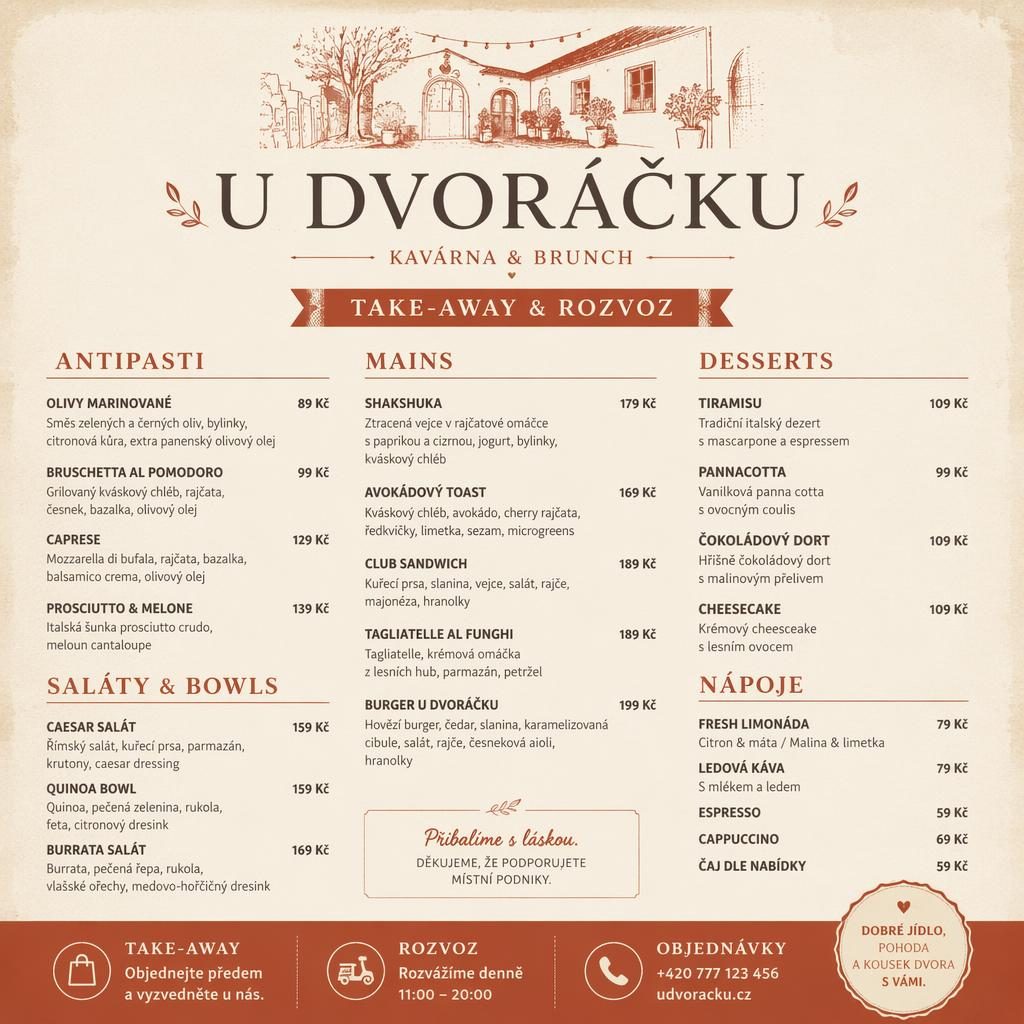 A4 menu karta u dvoracku na výšku v teplé krémové a rezavé paletě s dekorativní hlavičkou, sekcemi jídel a cenami.
