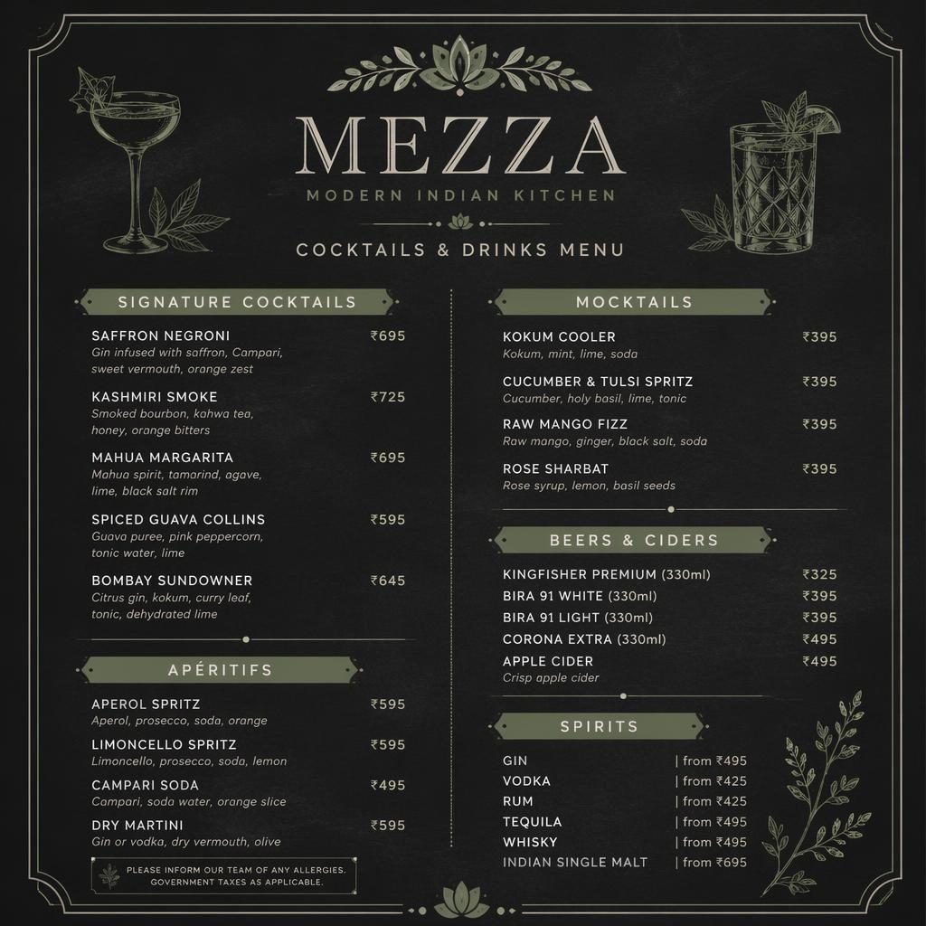 A4 portrait cocktail menu card for a modern Indian restaurant in chalkboard cafe style, with sage and ivory accents.