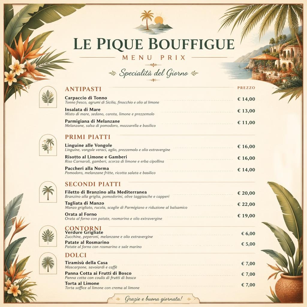 Carte de menu italienne A4 en portrait, style resort tropical, tons terre chauds, rubriques et colonne de prix.