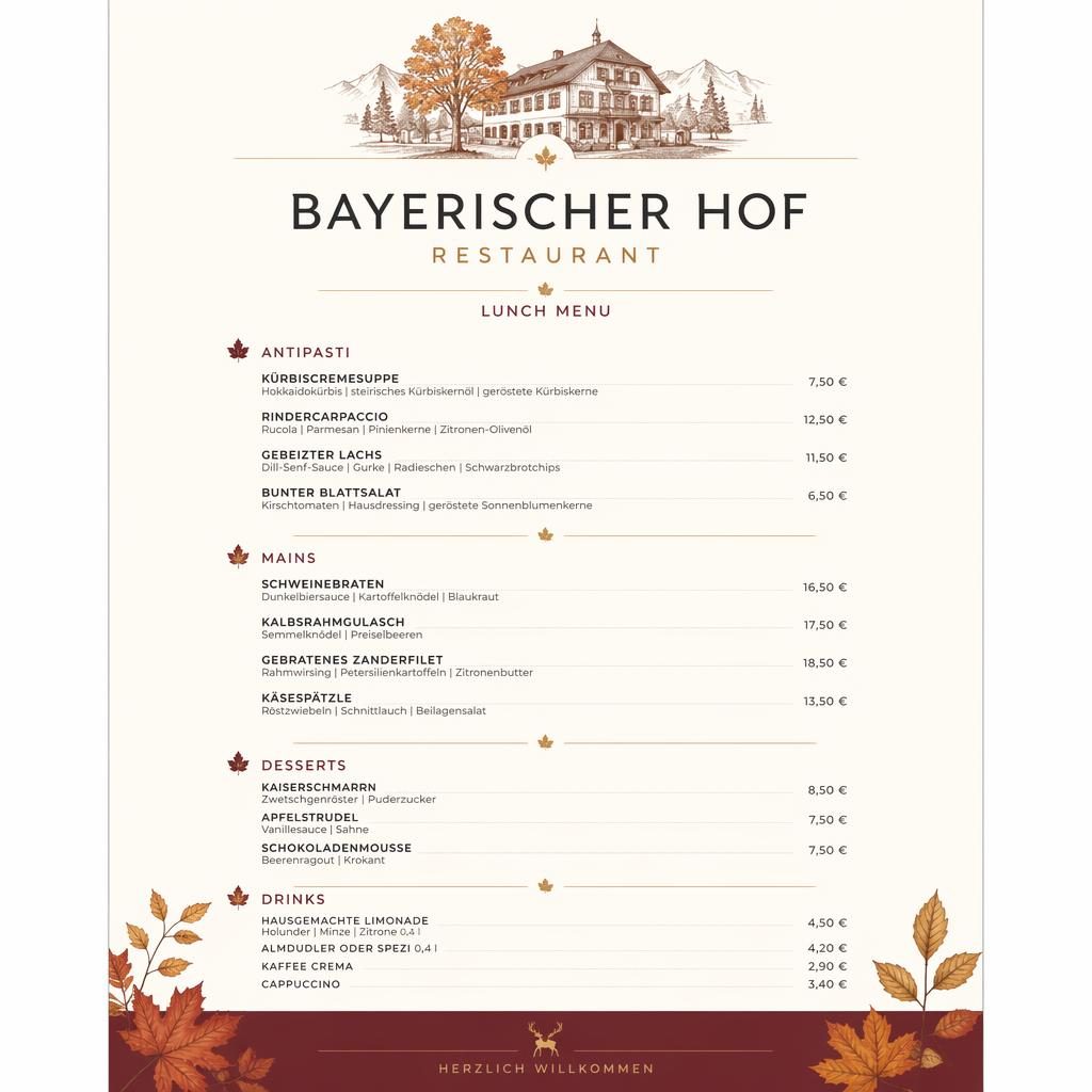 A4-Menükarte für bayerischer hof restaurant im minimalistischen Swiss-Stil, herbstliche Farben, Preisleiste, Platzhaltertext.