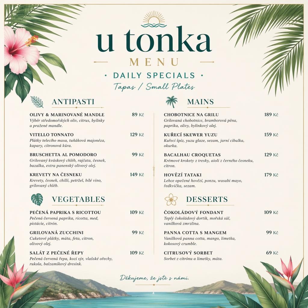 A4 jídelní lístek u tonka menu v tropickém resort stylu, jarní barvy, dekorativní hlavička, sekce a ceny.