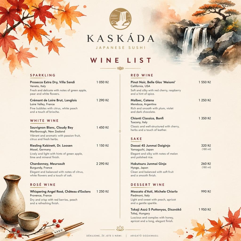 A4 portrétní vinný lístek kaskáda menu v japonském sushi stylu, akvarel, podzimní paleta, dekorativní záhlaví a ceny.