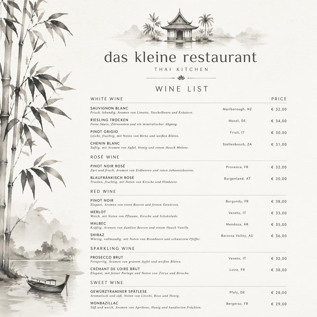 A4-Weinkarte für das kleine restaurant im Thai-Stil, monochrom mit Aquarelloptik, Zierkopf, Platzhaltertext und Preisen.