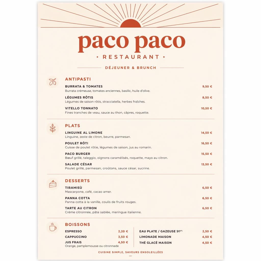 Carte de menu déjeuner A4 en portrait pour paco paco restaurant, style suisse minimaliste crème chaud et rouille.