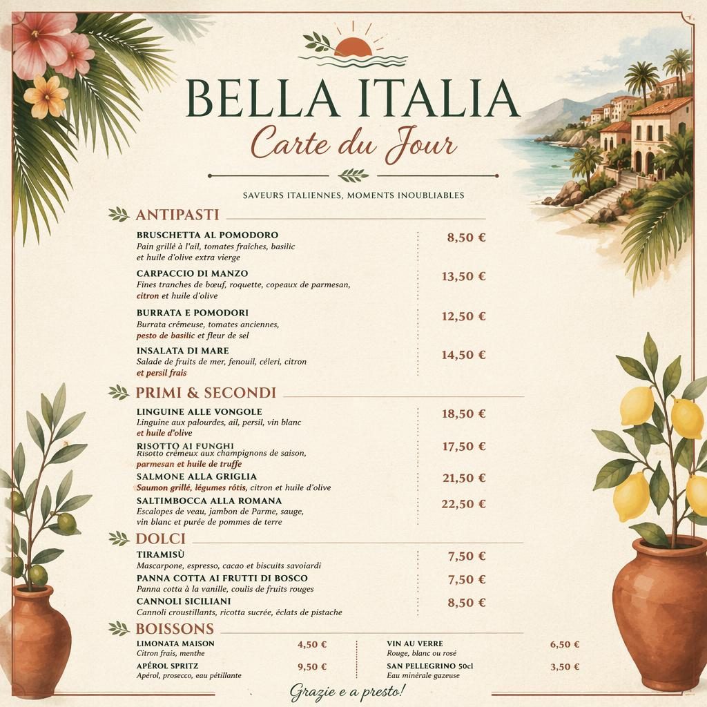 Carte de menu A4 portrait Bella Italia, style resort tropical, palette terre chaude, rubriques italiennes et colonne de prix.