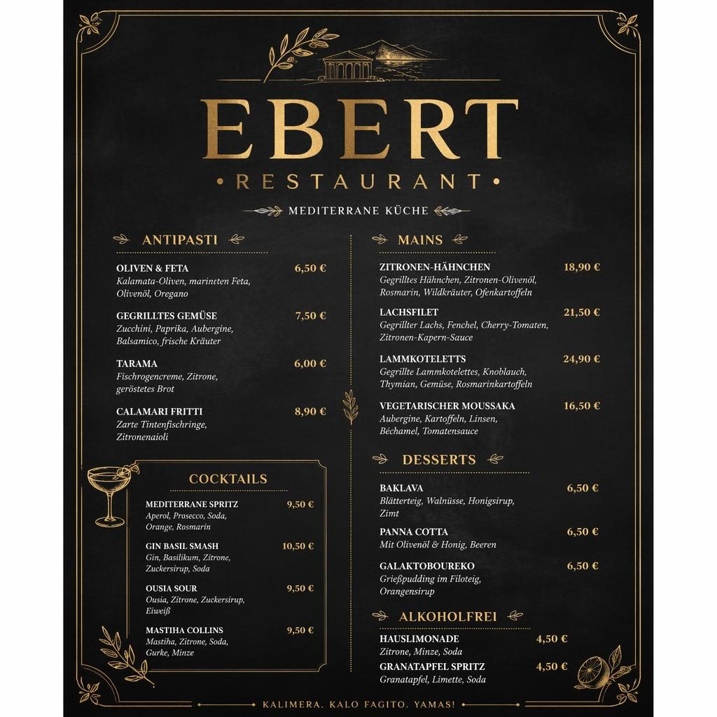 A4-Getränke- und Cocktailkarte für ebert restaurant in Schwarz-Gold mit dekorativem Header, Platzhaltertext und Preisen.