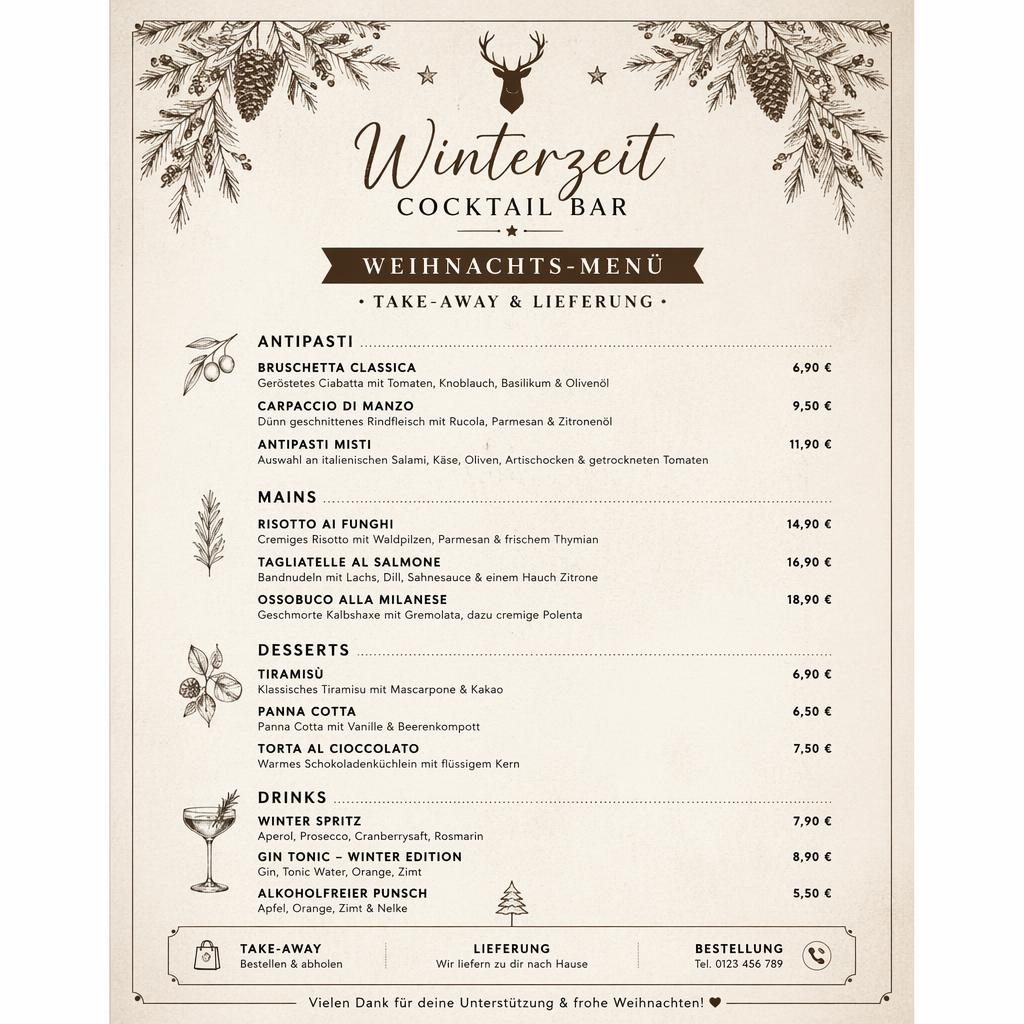A4-Menükarte im rustikal-warmen Monochromstil für Cocktailbar, mit dekorativer Kopfzeile, Rubriken, Platzhaltertext und Preisen.