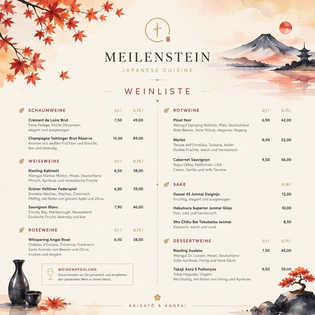 A4-Menükarte im Hochformat für Restaurant Meilenstein, japanische Sushi-Weinkarte in Aquarelloptik mit Herbstfarben.