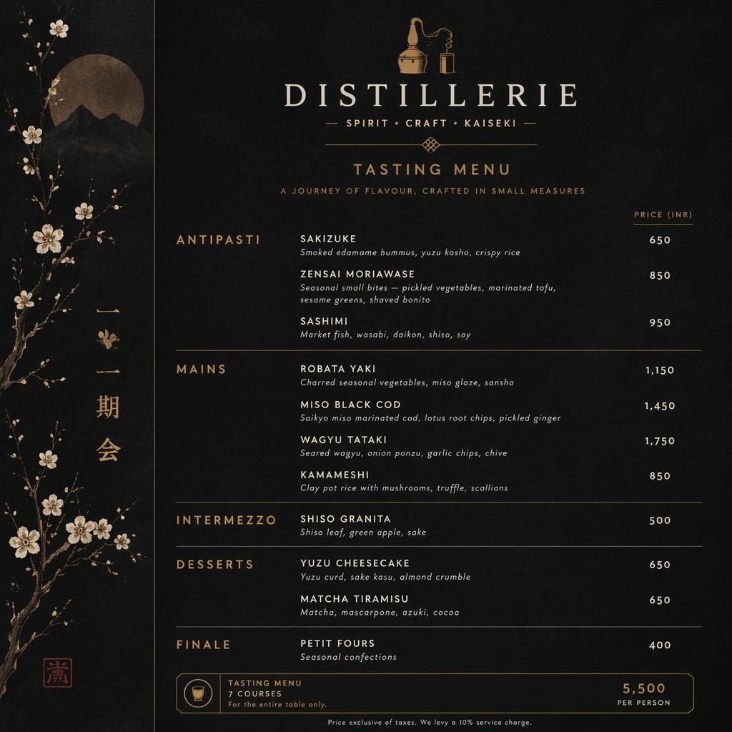 Carte de menu dégustation indienne A4 portrait, style kaiseki sombre, en-tête décoratif, rubriques, plats et colonne de prix.