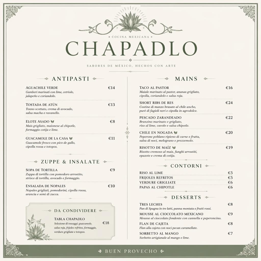A4 jídelní lístek chapadlo menu v luxusním stylu, šalvějová a krémová paleta, dekorativní záhlaví a ceny.