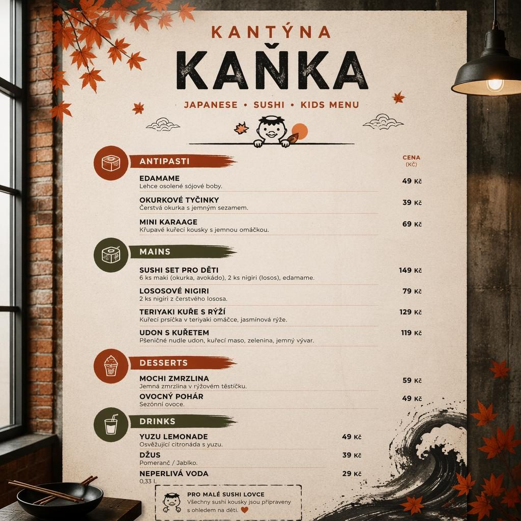 A4 menu karta pro děti pro kantýna kaňka, japonské sushi, industriální loft, podzimní barvy, dekorativní hlavička a ceny