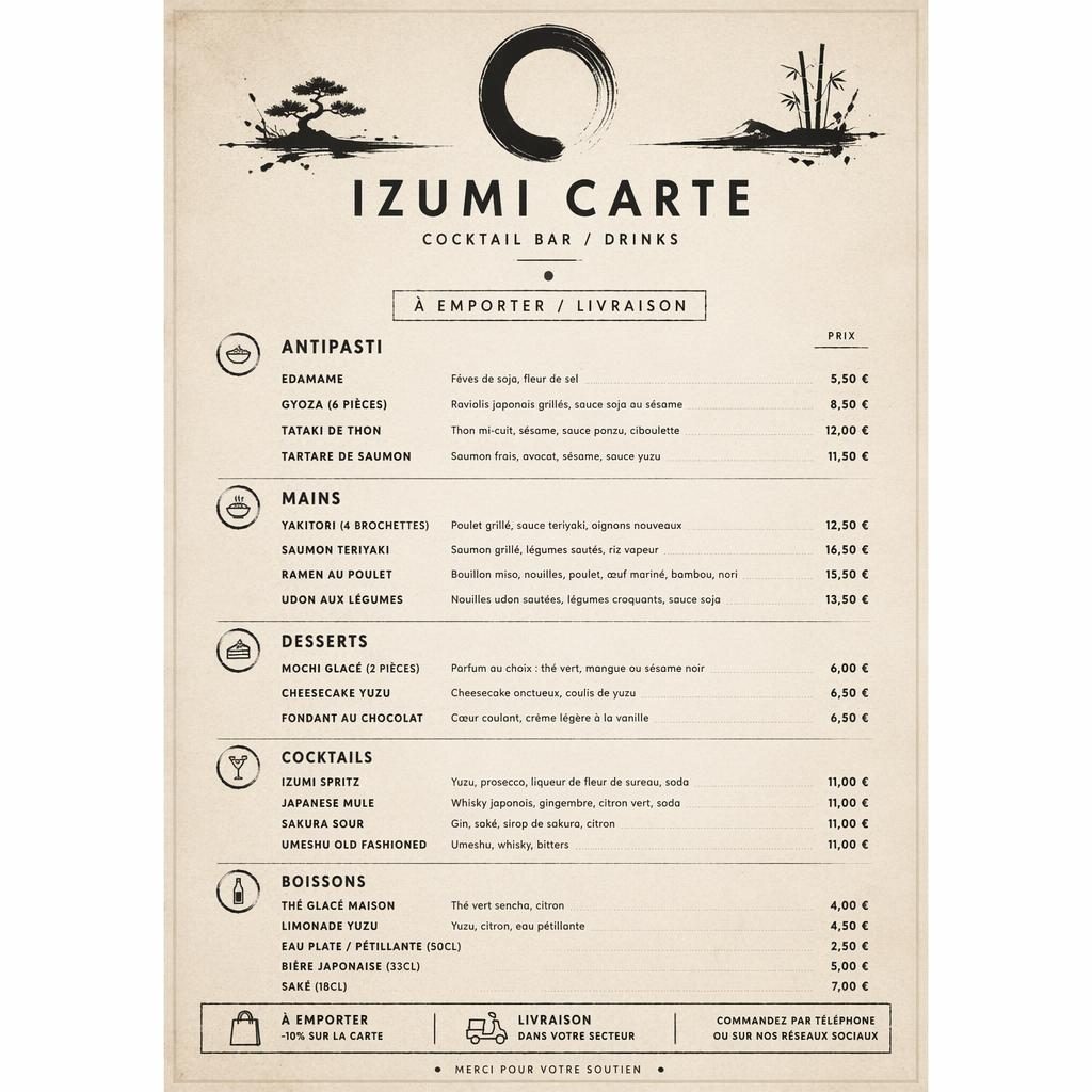 Carte de menu A4 portrait pour izumi carte, style rustique chaleureux, palette monochrome, rubriques et prix en colonne.