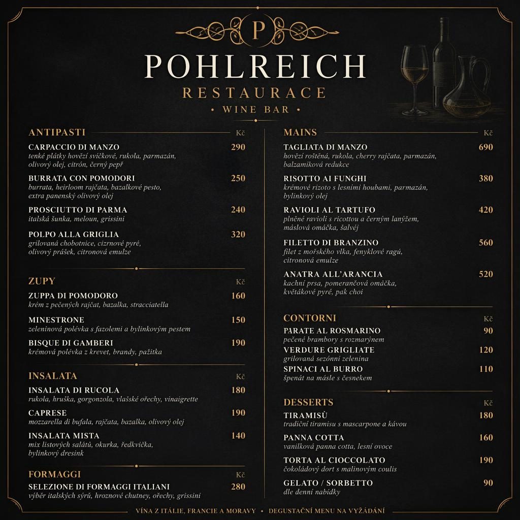 A4 menu karta wine baru v tmavém luxusním stylu s dekorativní hlavičkou, sekcemi jídel a sloupcem cen.