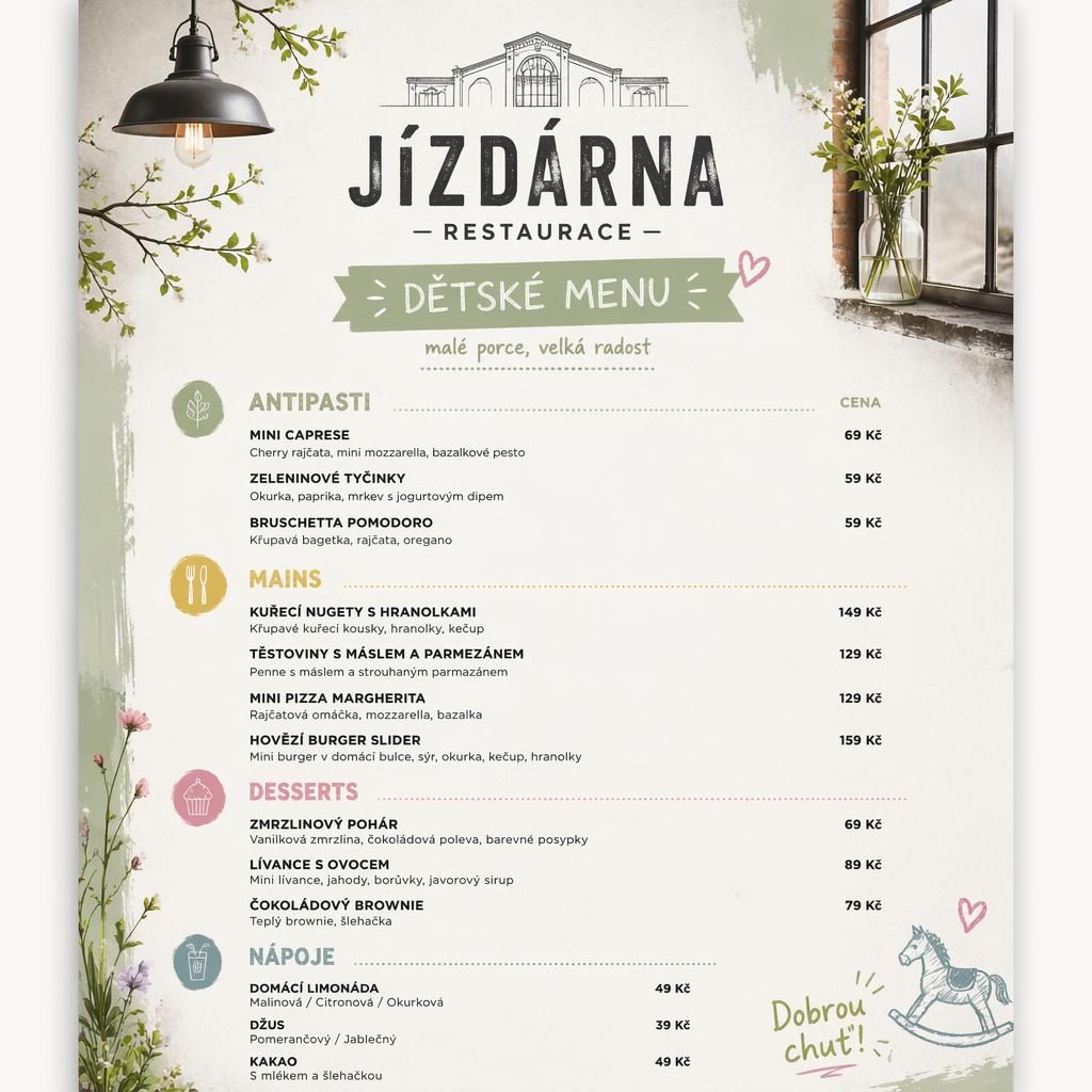 A4 jídelní lístek pro děti v industriálním loft stylu, jarní paleta, sekce jídel, dekorativní hlavička a ceny.