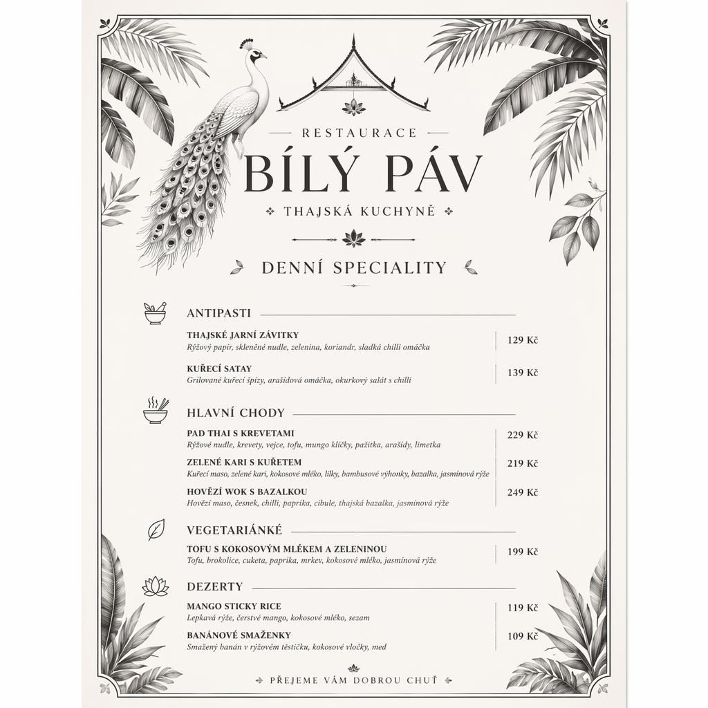 A4 menu karta restaurace bílý páv v tropickém minimalistickém stylu s názvy sekcí, jídly a sloupcem cen.
