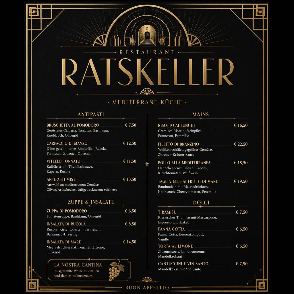 A4-Dessertkarte für Restaurant Ratskeller im Art-Déco-Stil, schwarz-gold, mit dekorativer Kopfzeile, Platzhaltertext und Preisen.