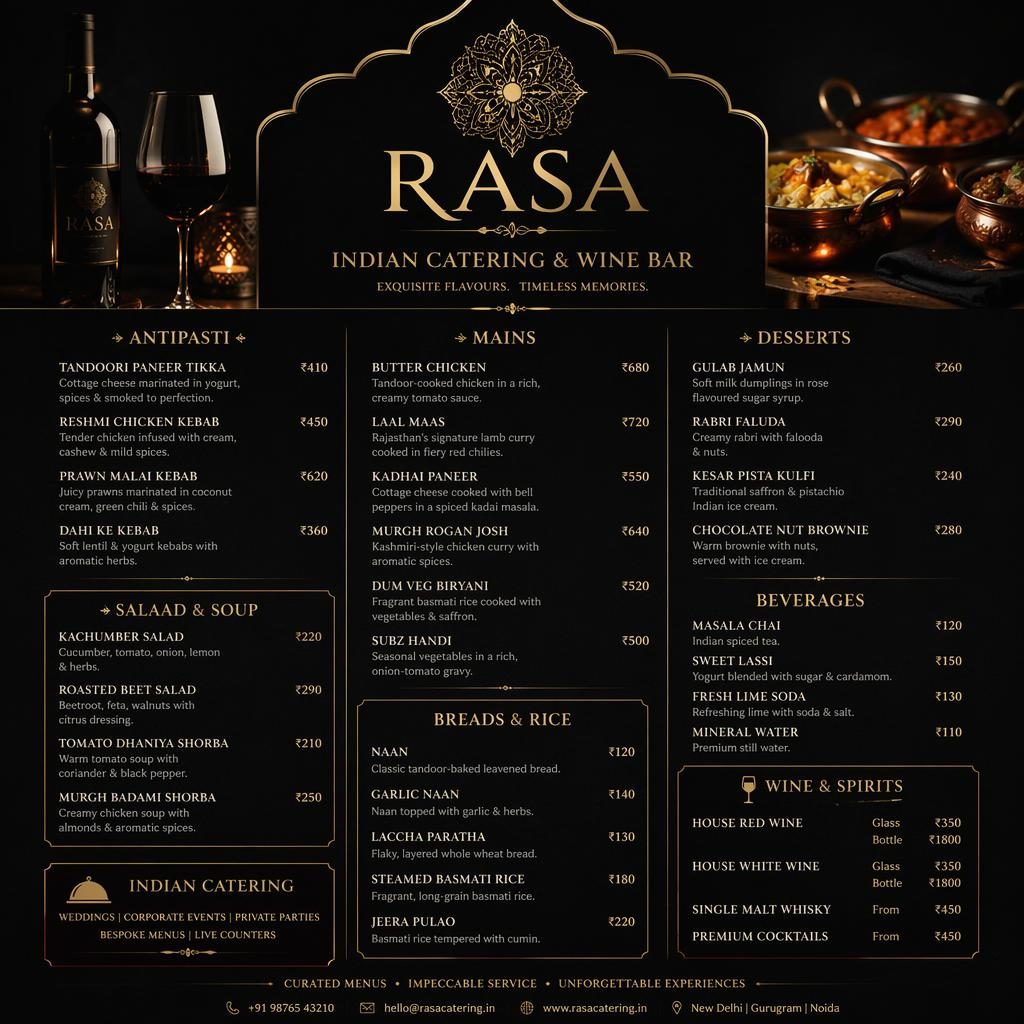 A4 portrait luxury dinner menu card for an Indian catering wine bar with dark moody palette, decorative header, sections and prices.