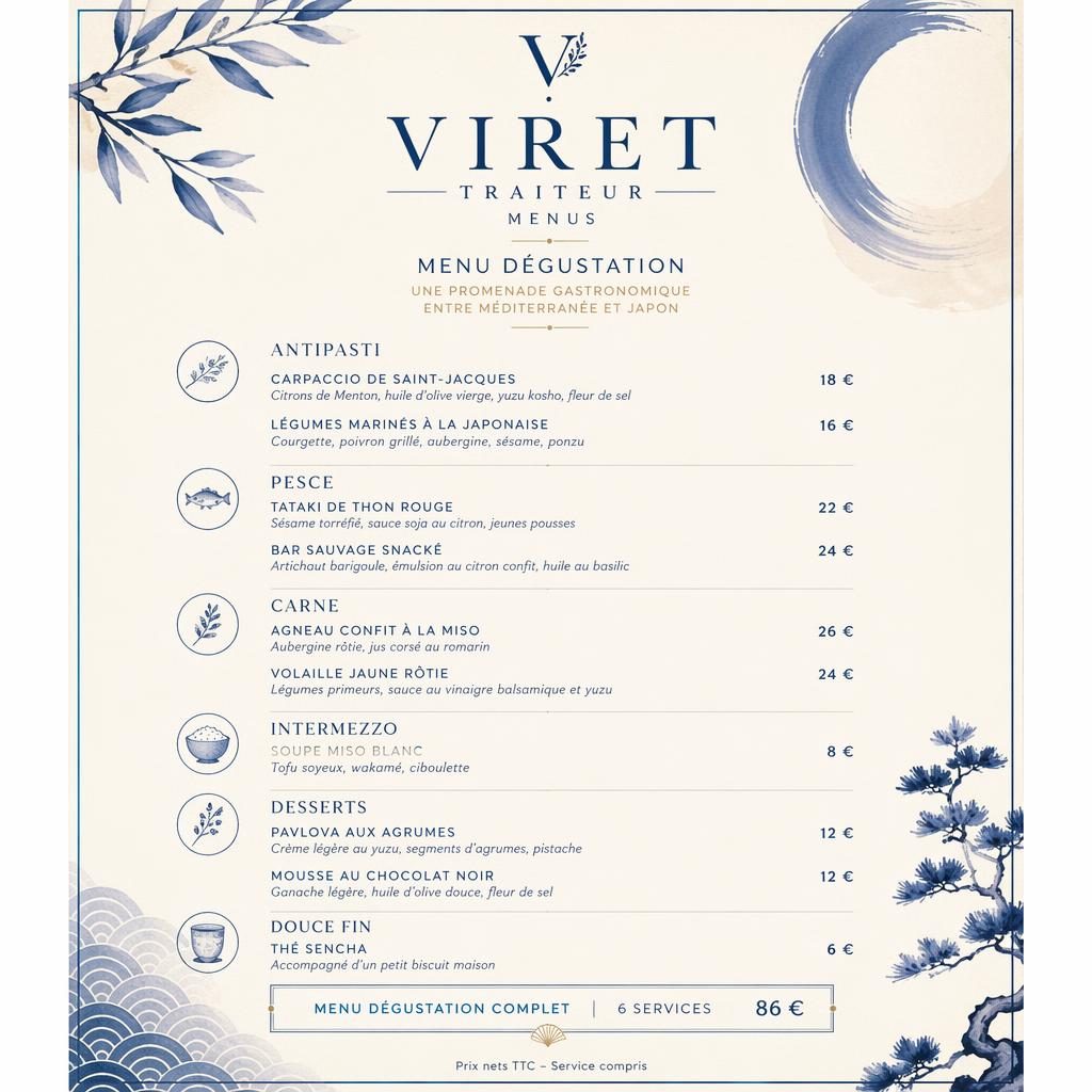 Carte de menu dégustation A4 en portrait, palette bleu méditerranéen et crème, en-tête décoratif, rubriques et colonne de prix.