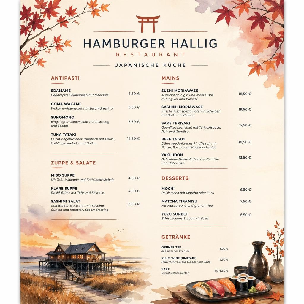 A4-Menükarte im Hochformat für Hamburger Hallig Restaurant, japanische Weinkarte in herbstlicher Aquarelloptik.
