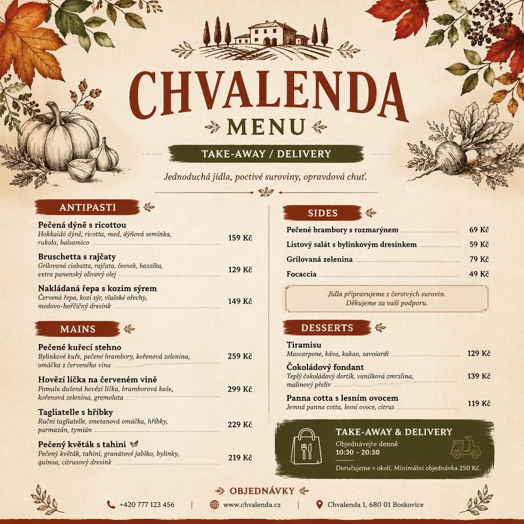 Rustikální A4 jídelní lístek chvalenda menu s teplou podzimní paletou, sekcemi, názvy jídel a sloupcem cen.