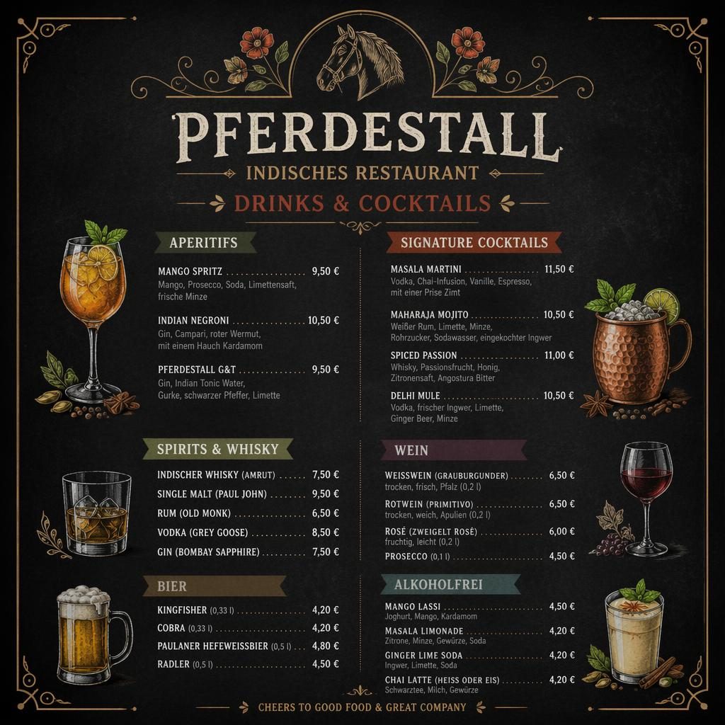 A4-Getränke- und Cocktailkarte für restaurant pferdestall im dunklen Kreidetafel-Look mit dekorativer Kopfzeile