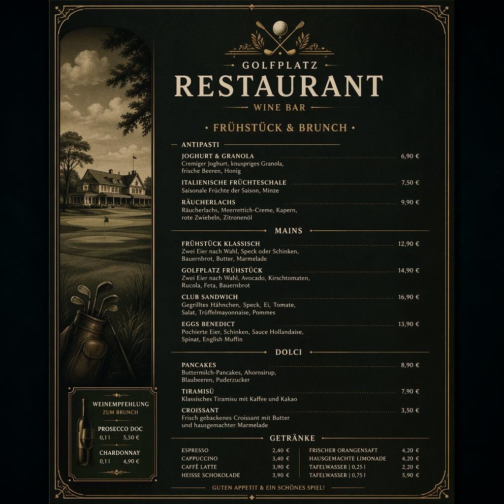 A4-Menükarte im Stil der 1920er für ein Golfplatz-Restaurant mit dunkler, stimmungsvoller Palette und Preisspalte.