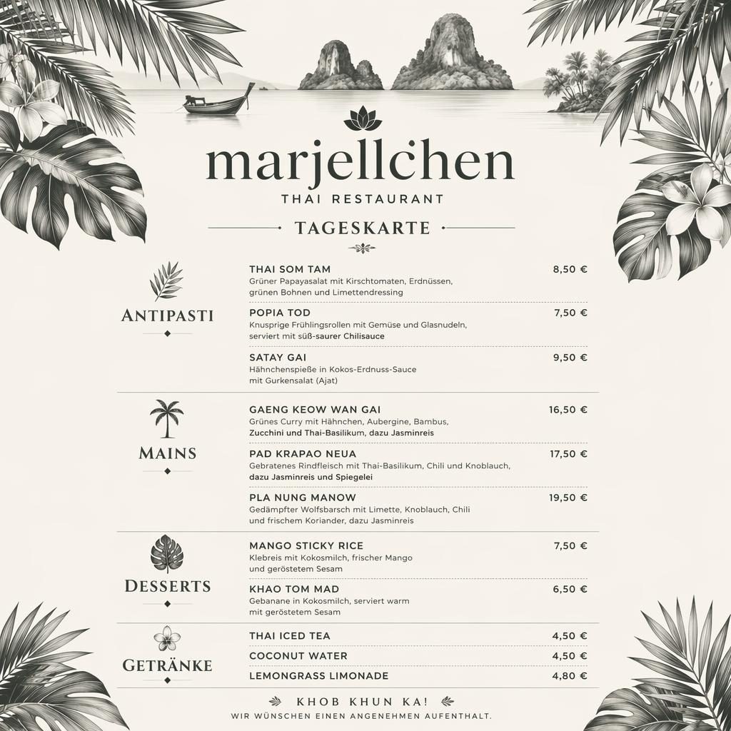 A4-Menükarte für Restaurant Marjellchen im tropischen Resort-Stil, monochrom, mit Tagesgerichten, Preisen und Zierkopf.
