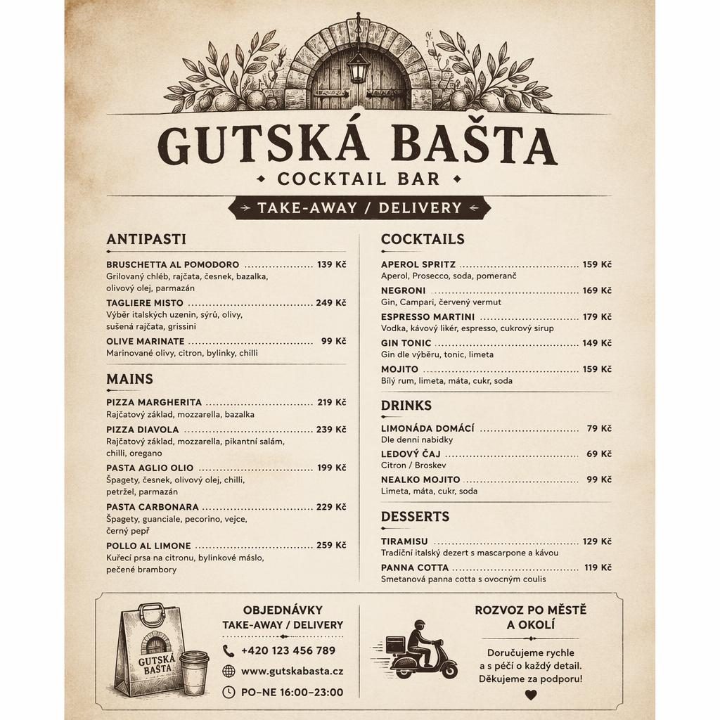 A4 menu karta pro gutská bašta na výšku, rustikální monochromní layout s dekorativní hlavičkou, sekcemi a cenami.