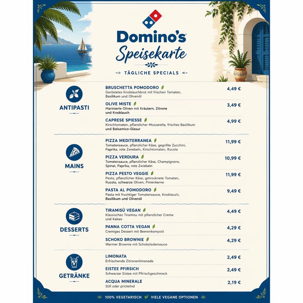 A4-Menükarte im tropischen Resort-Stil in Blau und Creme mit vegetarischen und veganen Tagesgerichten und Preisen.