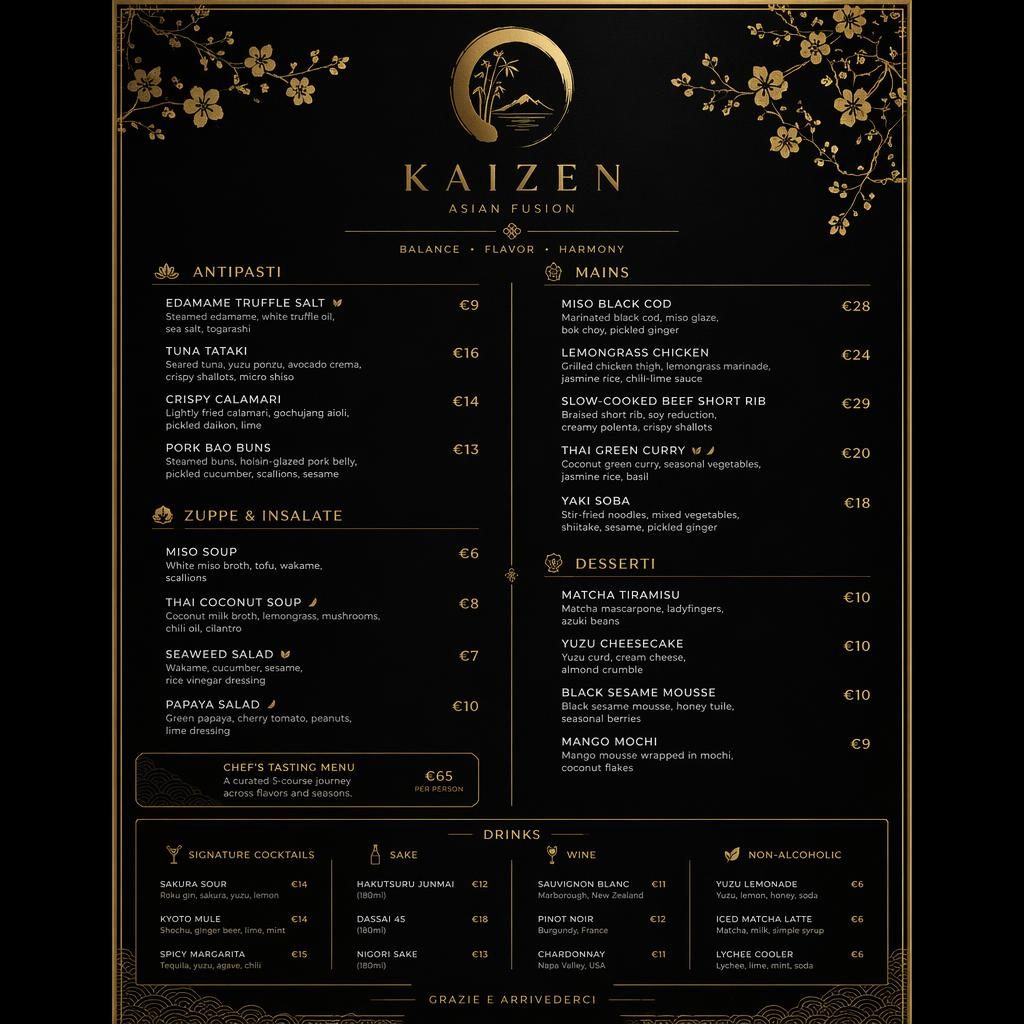 A4 portrait luxury Asian fusion dinner menu card in black and gold with decorative header, sections, placeholder dishes, and prices.