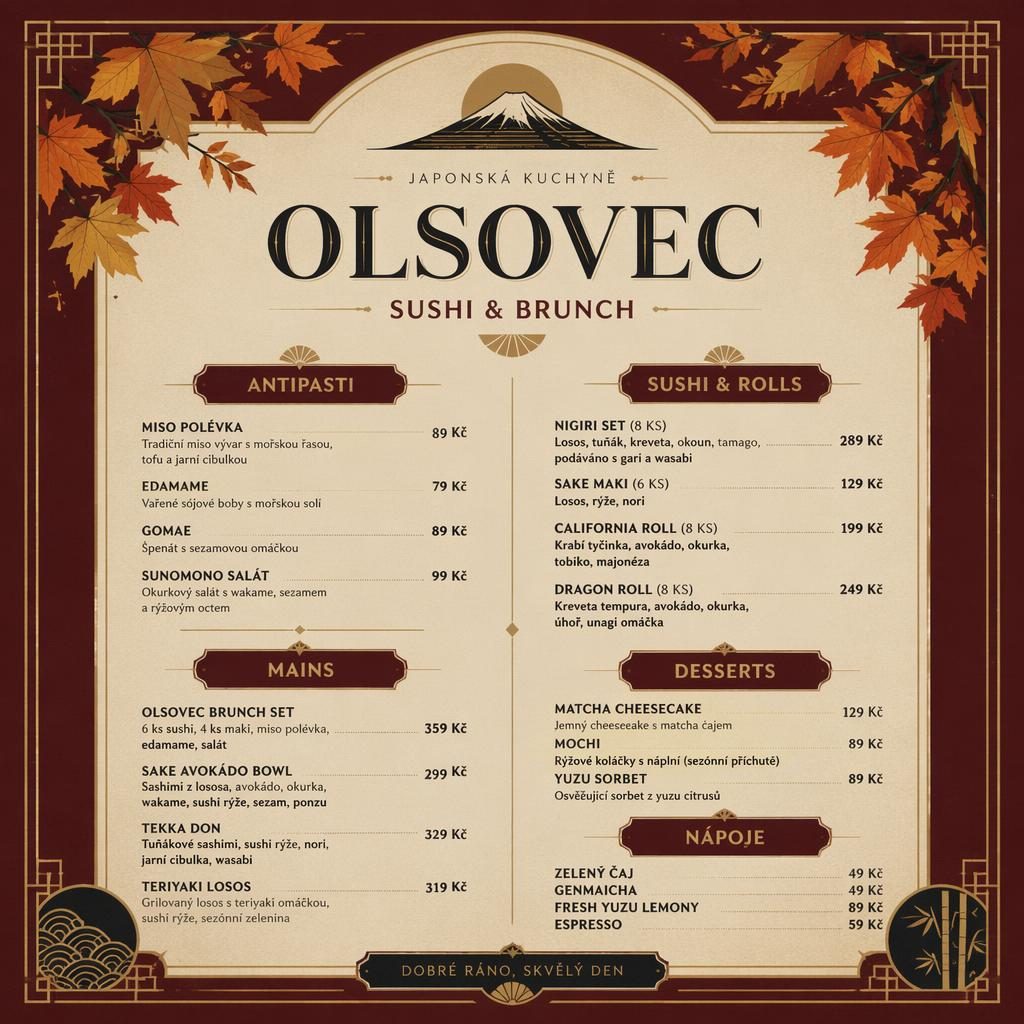 Tisková A4 menu karta olsovec menu pro japonské sushi brunch, styl vintage 20. let, podzimní paleta, dekorativní hlavička a ceny.