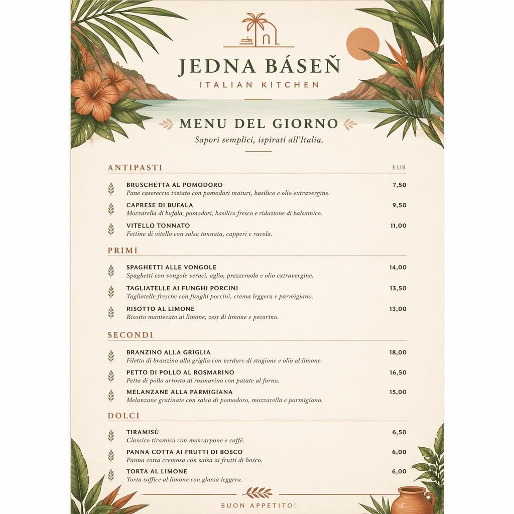 Ilustrovaný italský denní menu lístek A4 na výšku v tropickém resort stylu, teplé zemité barvy, ceny a sekce.