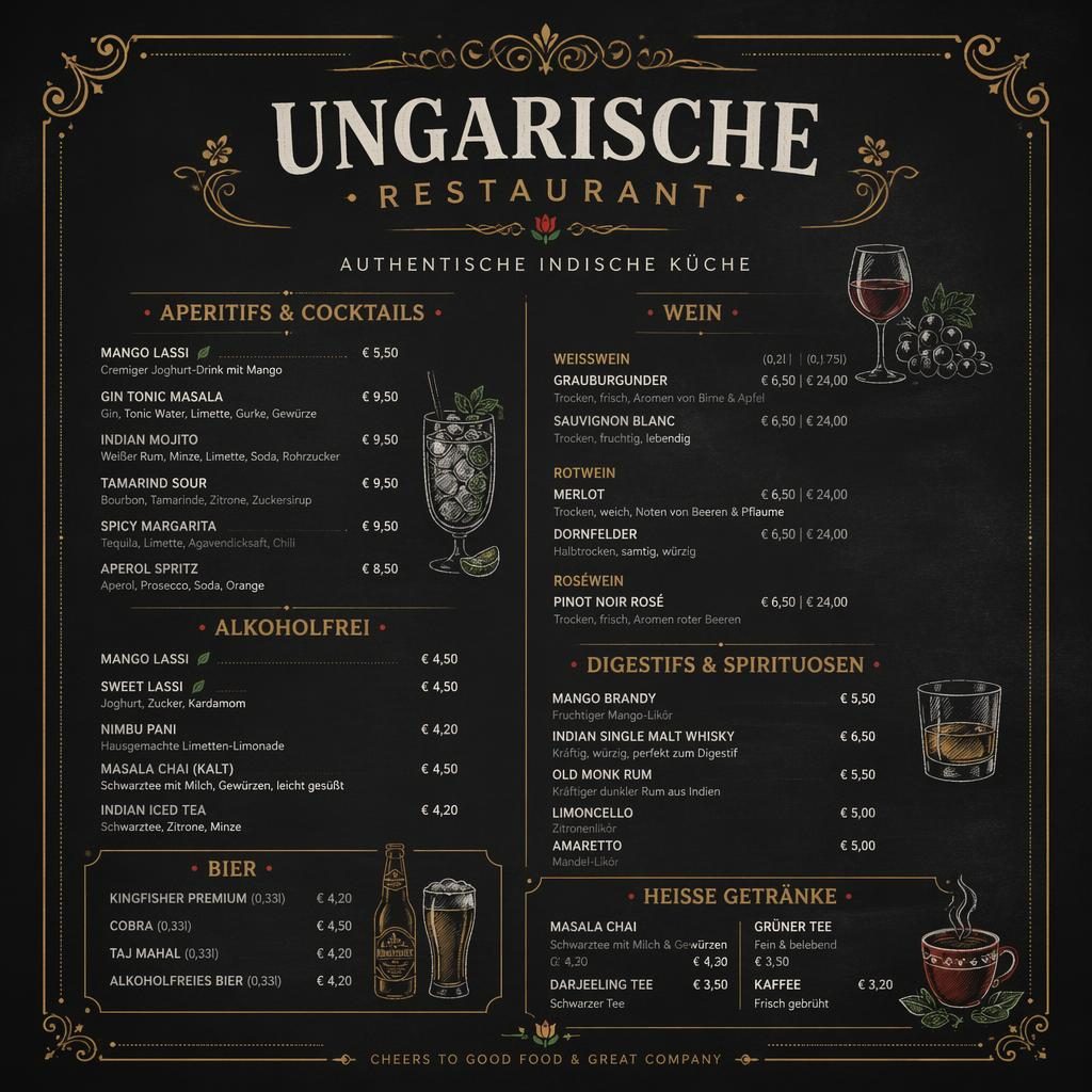 A4-Getränke- und Cocktailkarte im dunklen Kreidetafel-Look mit Zierkopf, Platzhaltertext und Preisspalte