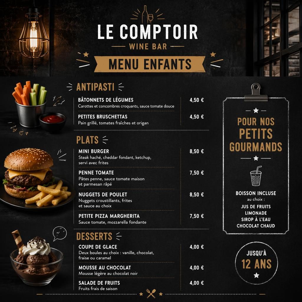 Carte de menu enfant A4 portrait pour wine bar, style loft industriel sombre, avec en-tête décoratif, rubriques et colonne de prix.