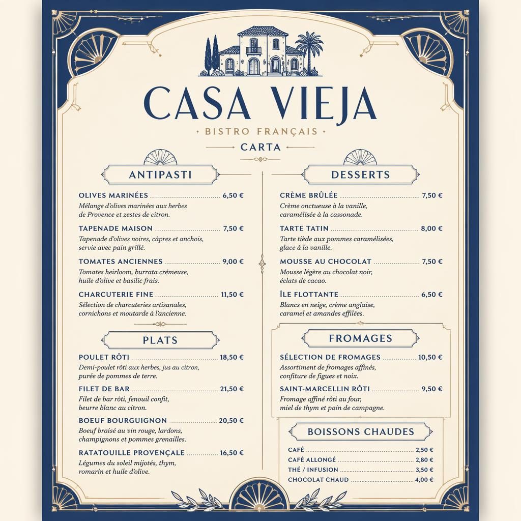 Tarjeta de menú de postres Casa Vieja Carta en formato A4 vertical, estilo art déco, paleta azul mediterráneo y crema.